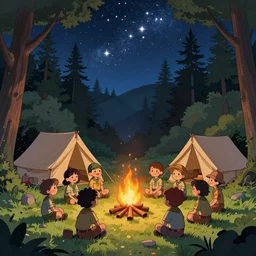 detailed cartoon illustration of kid scouts camp in the middle of the forest during the starred night, night sky full of stars, kids sitting around the firepit, in style of beatiful cartoon comic - book and digital illustration, by james jean, by rossdraws, frank franzzeta, mcbess, sakimichan, brosmin, danton fadeev, steve simpson, extre