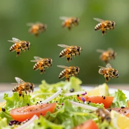 8 k photograph of bees flying over salad
