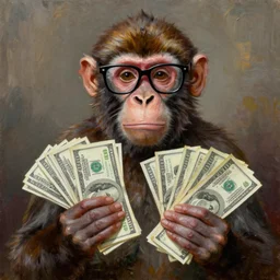 Monkey wearing cool glasses and holding a lot of dollars, oil painting