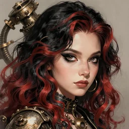 a realistic illustration portrait, beautiful girl with wavy black and red hair, pointy nose, round chin, black eyeliner, trending on artstation, dynamic, hyper - realistic lighting, intricate, ross tran, artgerm, card art, steampunk