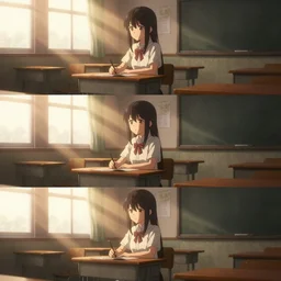 3 panel scene, school girl sits in a cozy school classroom - dramatic cozy 3 d poster by wlop and okuda genso. wide angle lens. featured on pixiv, anime aesthetic. pixiv, warm aesthetic, rays of light, volumetric light, artstation, vanitas, official art, gothic, noise film photo. octane render, redshift render, ue 4
