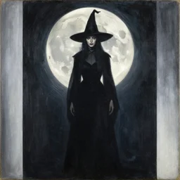 surrealism, abstract, a dark witch in front of the full big moon, painting by abercrombie, gertrude