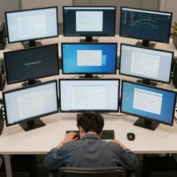 a man at a desk with ten different computer monitors, his face flat on the keyboard, sound asleep