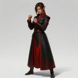 beautiful female half elf monk, young, full body black and red longcoat, fisting, detailed face, brown hair, short ponytail, golden eyes, brown skin, high fantasy, high detail, smooth, digital illustration, by michael komarck