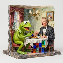 beautiful studio photograph of a surrealist assemblage of kermit the frog eating a delicious meal of stained glass tetris blocks in the presidential suite, made of watercolor - painted plaster on a pedestal by ron mueck and matthew barney and rene magritte, hysterical realism intense cinematic lighting shocking detail 8 k