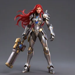 beautiful new female character for overwatch, character concept art, full body armor, steel plating, huge weapon, super powers, athletic, long red hair, symmetry, intricate design, shiny, highly detailed, hd, dramatic lighting, art by artgerm and greg rutkowski