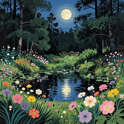 ( ( ( gediminas pranckevicius ) ) ), a pond in the forest, moonlight, flower garden summer morning, very coherent and colorful high contrast art by simon stalenhag floralpunk screen printing woodblock, dark shadows, pastel color, hard lighting