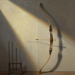 painting of a longbow by itself on a weapons rack