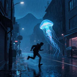 a cyberpunk street, rainy night, jellyfish running, the outline of mountains in the distance ， by darek zabrocki