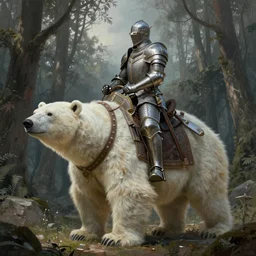 fantasy knight riding armoured polar - bear in front of the forest, three meters tall, fantasy intricate elegant extremely detailed digital painting trending artstation concept art sharp focus illustration art by gustave courbet greg rutkowski craig mullins