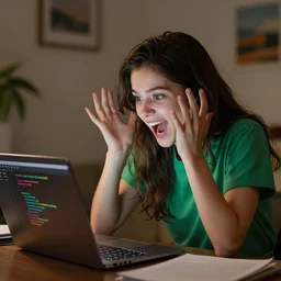 a very cute girl is coding frantically on her macbook, she wears a green shirt, she is very excited and overwhelmed by excitation, cinematic and dramatic, 8 k, crisp lines, sharp edges, vibrant colors by artgerm, cushart krenz, greg rutkowski, mucha and norman rockwell