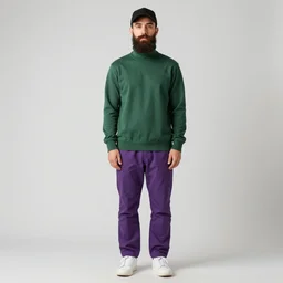 a man with a chin - style dark brown beard without mustache in a black cap, green turtleneck, purple pants and white sneakers in full height, perfect face