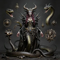 beautiful evil fantasy character portrait, ultra realistic, snake, wide angle, intricate details, the fifth element artifacts, highly detailed by peter mohrbacher, hajime sorayama, wayne barlowe, boris vallejo, aaron horkey, gaston bussiere, craig mullins
