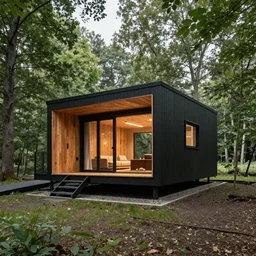 a modern cabin in a forest