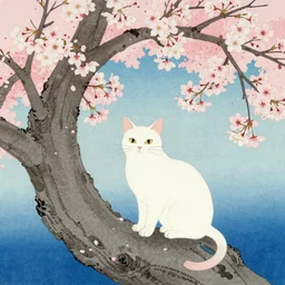 white cat in sakura tree in the style of Utagawa Hiroshige, high resolution 4k