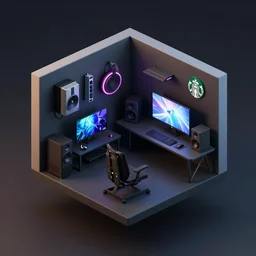 An Isometric 3D gaming room floating in a dark colored space designed by Starbucks that shows in detail gaming peripherals, a Gaming PC, gaming table, speakers, and gaming monitors. Artstation, 3D render, hyper realistic, Octane Render