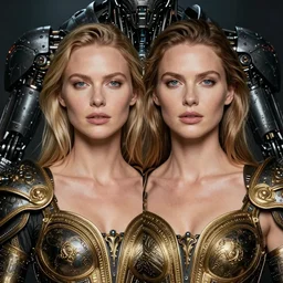 double portrait of christine turlington as warrior of dark futuristic robotic world, by jan van eyck, h r giger, mysticism, intricate, highly ornate gold trim