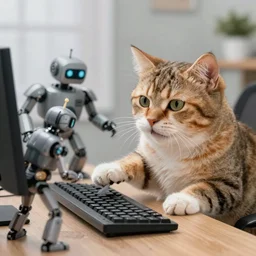 keyboard cat with a computer keyboard fighting off robots with his trolling skills