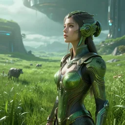 cybergirl dreaming of green pastures, futuristic atmosphere, sci - fi, volumetric lighting, by rembrandt and wlop, intricate, detailed, photorealistic imagery, artstation