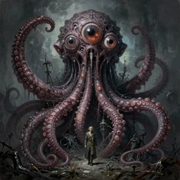 ultra realist soft painting of the world of lovecraft elden ring and giger gigantic oily tentacles and eyes very intricate details ultra dense