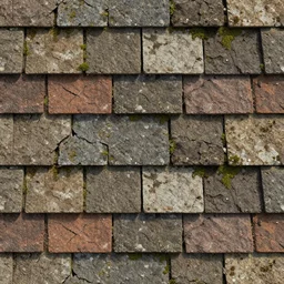 seamless tileable texture of old cracked roof shingle of various colors, realistic, very detailed, with moss, beautiful, intricate details, sharp focus, substance designer, substance render, substance painter, marmoset, unreal engine, octane render