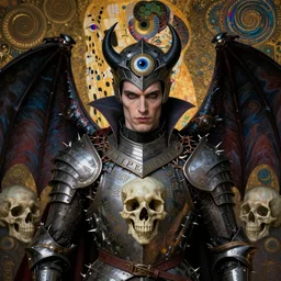 The Knight of Bones by Karol Bak, Jean Deville, Gustav Klimt, and Vincent Van Gogh, portrait of a handsome vampire knight in armor, piercing grey eyes, ornate armor covered in thorns, bat wings, ornate dramatic bat wing helmet, mystic eye, otherworldly, skulls, fractal structures, arcane, inscribed runes, infernal relics, ornate gilded medieval icon, third eye, spirals