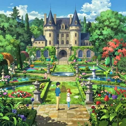 landscape of a a beautiful garden outside of a castle, rich vivid colors, ambient lighting, dynamic lighting, 4k, HQ, official media, concept art, anime key visual, makoto shinkai, ilya kuvshinov, lois van baarle, rossdraws, detailed, trending on artstation