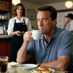 arnold schwarzenegger as visitor in hat and shirt drink coffee, sigourney weaver as waitress on background, screen short from mafia 2, 1 9 3 0 style, diner caffee