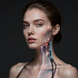 a photographic portrait of a beautiful woman very fair complexion under the skin electric circuits and electric cables going into the skin, dramatic light , Rembrandt lighting scheme, photorealistic,photographed by Aleksandr Vinogradov , sigma art 85 mm, ultra detailed, dark background. beautiful image