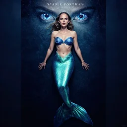 Poster of Natalie Portman as a mermaid, full body, cinematic lighting, starlit shining eyes
