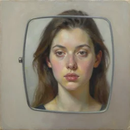 ultrarealism oil painting, woman with square mirror face, portrait