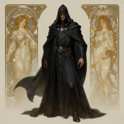 male necromancer, full body shot, hood, d & d, fantasy, horror intricate, elegant, highly detailed, digital painting, artstation, concept art, matte, sharp focus, illustration, hearthstone, art by artgerm and greg rutkowski and alphonse mucha