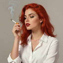 a beautiful artwork portrait of a woman with white shirt and red hair smoking a cigarette by Jerome Opeña, featured on artstation