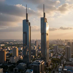 two skyscrapers with straight features rising above the rural city with atmospheric clouds, golden hour, artstation, unreal engine 5, hyperdetailed, aerial view, 2 4 mm lens