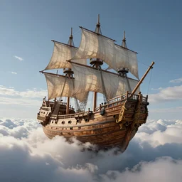 a large wooden fantasy ship flying through the clouds with blue sky, andreas rocha style