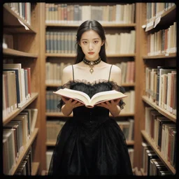 lomography, full body portrait photo of women like reol holding a costume ball in a library, open books, wearing an ornate and choker by gustav klimt, moody, realistic, dark, skin tinted a warm tone, light blue filter, hdr, rounded eyes, detailed facial features, red gold black
