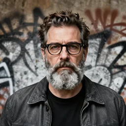 highly detailed portrait of 2 0 1 8 christian slater, grey beard, glasses, grey jacket, by atey ghailan, by greg rutkowski, by greg tocchini, by james gilleard, by joe fenton, by kaethe butcher, gradient brown, black, grey and white color scheme, grunge aesthetic!!! ( ( graffiti tag wall background ) )