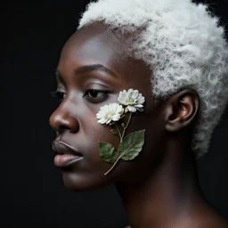 a beautiful black womans face, made in profile of flower and leaf skeleton, white hair, in the style of dutch masters and gregory crewdson, dan mumford and justin gerard dark and moody, skin