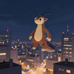 A digital painting of Mewtwo floating above a city at night, wondering what life has in store for him