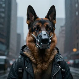 new york city portrait of furry anthro anthropomorphic german shepard head animal person fursona wearing clothes strange cybernetic augmentations cyber muzzle gloomy rainy cyberpunk digital art by Greg Rutkowski, Simon Stalenhag, trending on Artstation, CGSociety