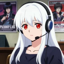 anime visual of a young woman, cute face, large red eyes, long white hair, ( ( wearing a headset in her room interior ) ), poster by psycho pass, ilya kuvshinov, masakazu katsura, ghost in the shell