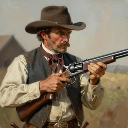 an extremely detailed masterpiece portrait of a 1 8 9 0's gunslinger with colt 4 5 six - shooter, in the style of frank auerbach and charles marion russell, digital art