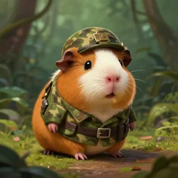 cute little anthropomorphic Guinea Pig Soldier, ultra wide lens shot , tiny, small, Jungle camouflage,  short, cute and adorable, pretty, beautiful, DnD character art portrait, matte fantasy painting, DeviantArt Artstation, by Jason Felix by Steve Argyle by Tyler Jacobson by Peter Mohrbacher, cinematic lighting