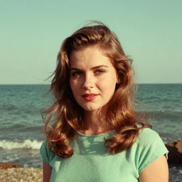 vintage aged analog portrait of a beautiful young woman in the 1960s, the ocean visible in the background, green tones, red color bleed, sunshine, film grain