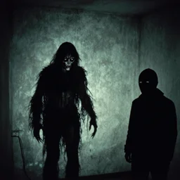 creepy Liminal interior with Mothman, masked person in corner, in the style of 35mm flash photography, award winning photograph,