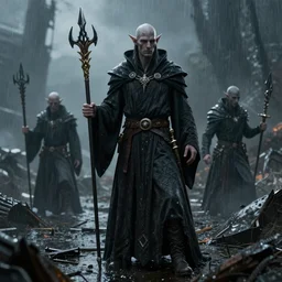 ( ( ( ( ( hyperrealist photo of an dark elf in wizard robes on a rainy battlefield. ) ) ) ) ) by daniel f. gerhartz and matt stewart, fantasy, photorealistic, octane render, unreal engine, dynamic lighting, bet face, handsome drow, beautiful, perfect factions, perfect drow, trending on artstation, poster, volumetric lighting, very detailed faces, 4 k, award winning