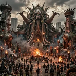 detailed ultrarealistic photography of industrial postapocalyptic organic rustic robust tribal arkham city, cthulhu ritual festival, bonfires, wickerman, hordes of cultists, ian miller, greg rutkowski, cinematic, full shot, symmetric