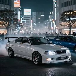 a car JZX90 twin turbo drift at illegal car meet, Shibuya prefecture, city midnight mist lights, cinematic lighting, photorealistic, highly detailed wheels, high detail
