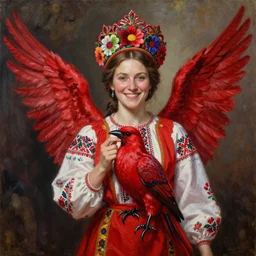 the brown - haired lady with red wings, in red embroidery short ukrainian national costume, filigree crown with textile embroidery flowers, ukrainian heroine with red crow, pre - raphaelite beautiful, playful smile, detailed portrait, intricate complexity, acril painting the style of charlie bowater, tom bagshaw, alexis franklin, elena masci, pawel rebisz