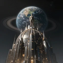 an extremely detailed low angle masterpiece epic color scene of a humanoid looking up at a dome covered futuristic city on an earth like planet with a ringed planet and stars background, in the style of lebbeus woods, elegant, highly detailed, digital painting, artstation, cinematic lighting, extremely moody lighting, glowing light and shadow, 4 k